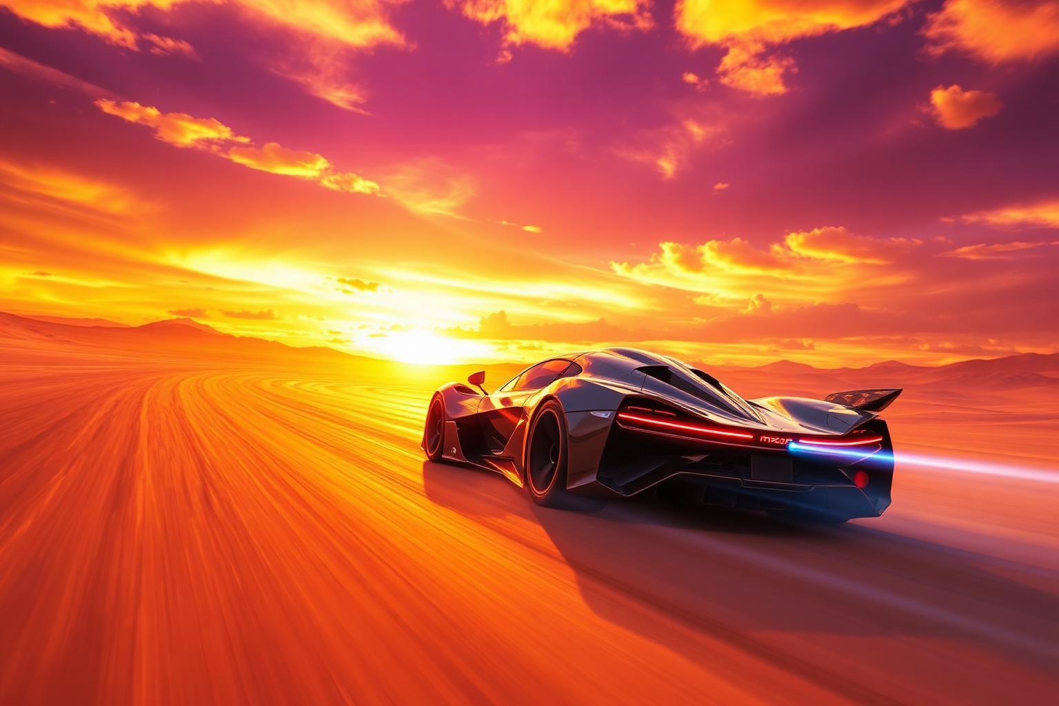 Hypercar drifting en un desierto al atardecer, inspirado en Forza Horizon 6